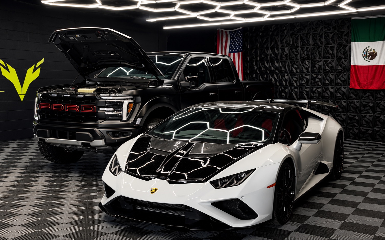 Ceramic coating in Orlando, FL · Lamborghini Huracán and Ford Raptor at Black V Protect studio